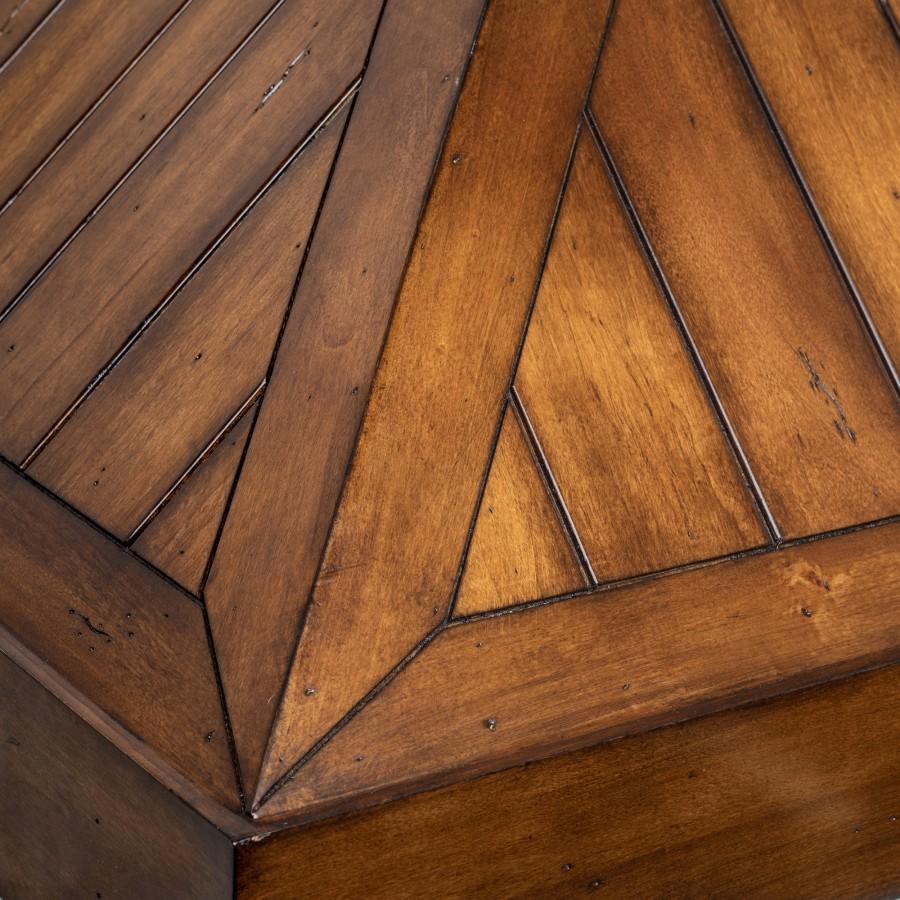 Close-up of rustic wooden canopy panels with angled grooves and natural wood grain