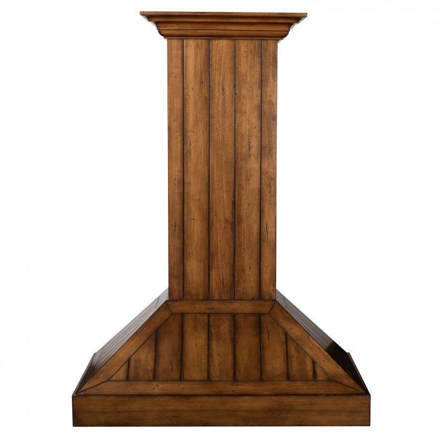Rustic light wood chimney hood with square canopy and angled base