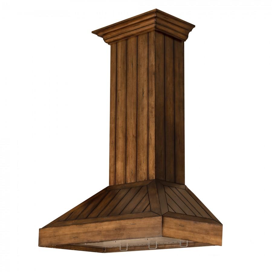 Rustic wooden chimney-style wall range hood with flared canopy and slatted top