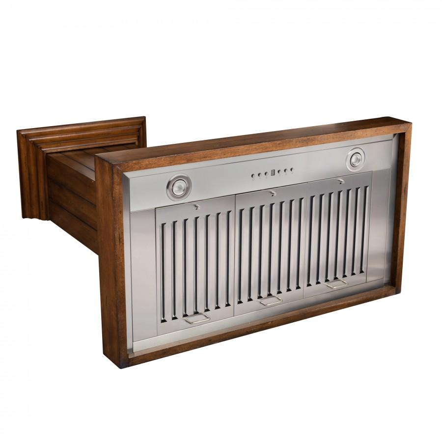 Rustic wooden wall range hood with stainless vent panel and slatted grille