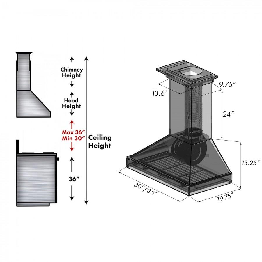 Wood column wall range hood with dark metal chimney and mesh filter housing