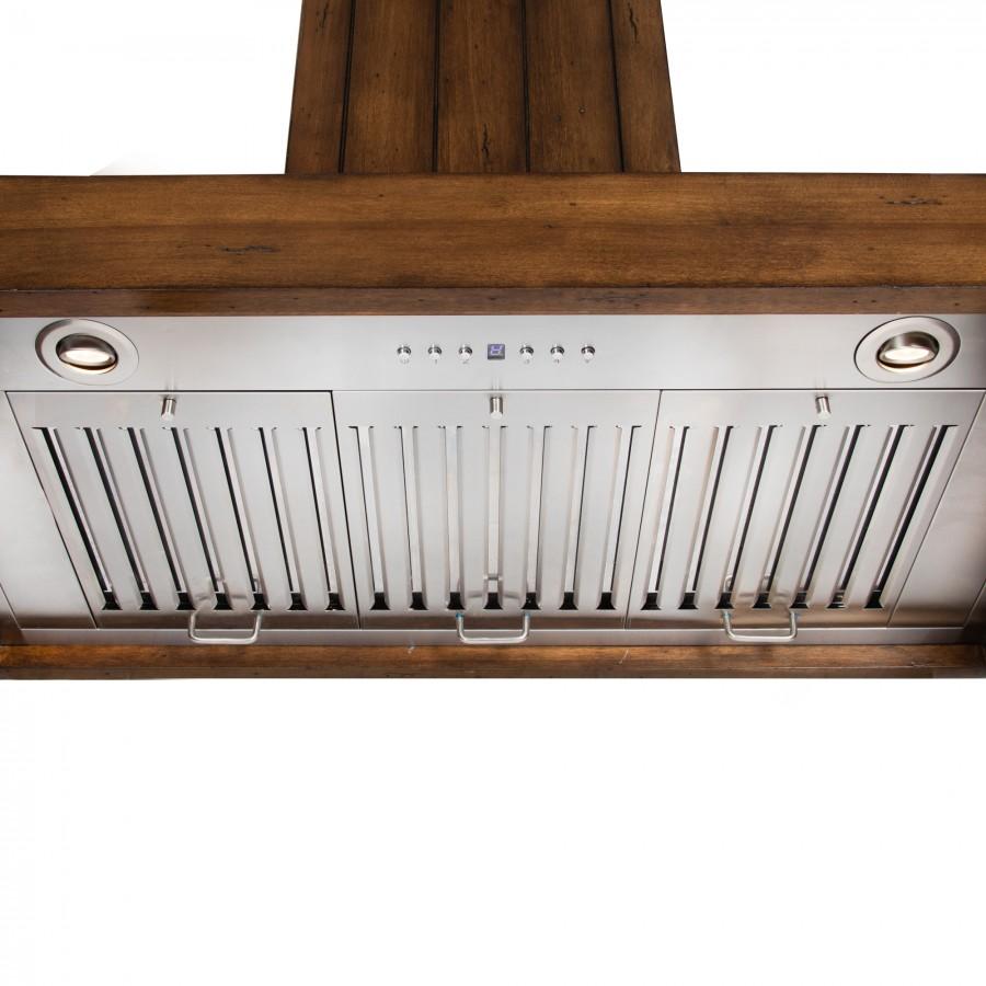 Stainless wall range hood insert with vertical vent slats and two round fan vents
