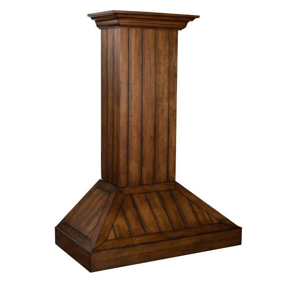 Rustic wooden wall range hood with tall chimney column and flared base canopy