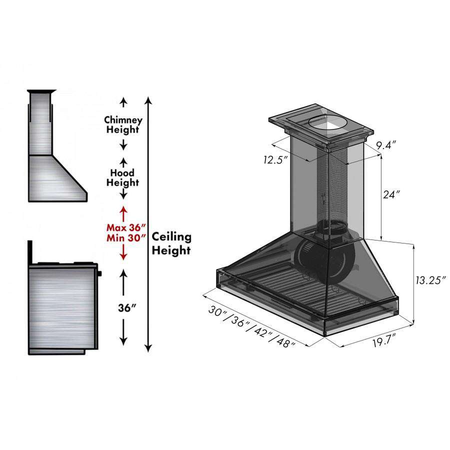 Wall range hood technical diagram showing chimney and hood layout