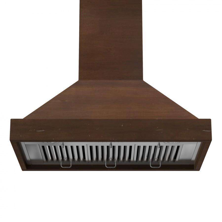 Dark wood wall range hood underside with slotted baffle grille and three pull handles
