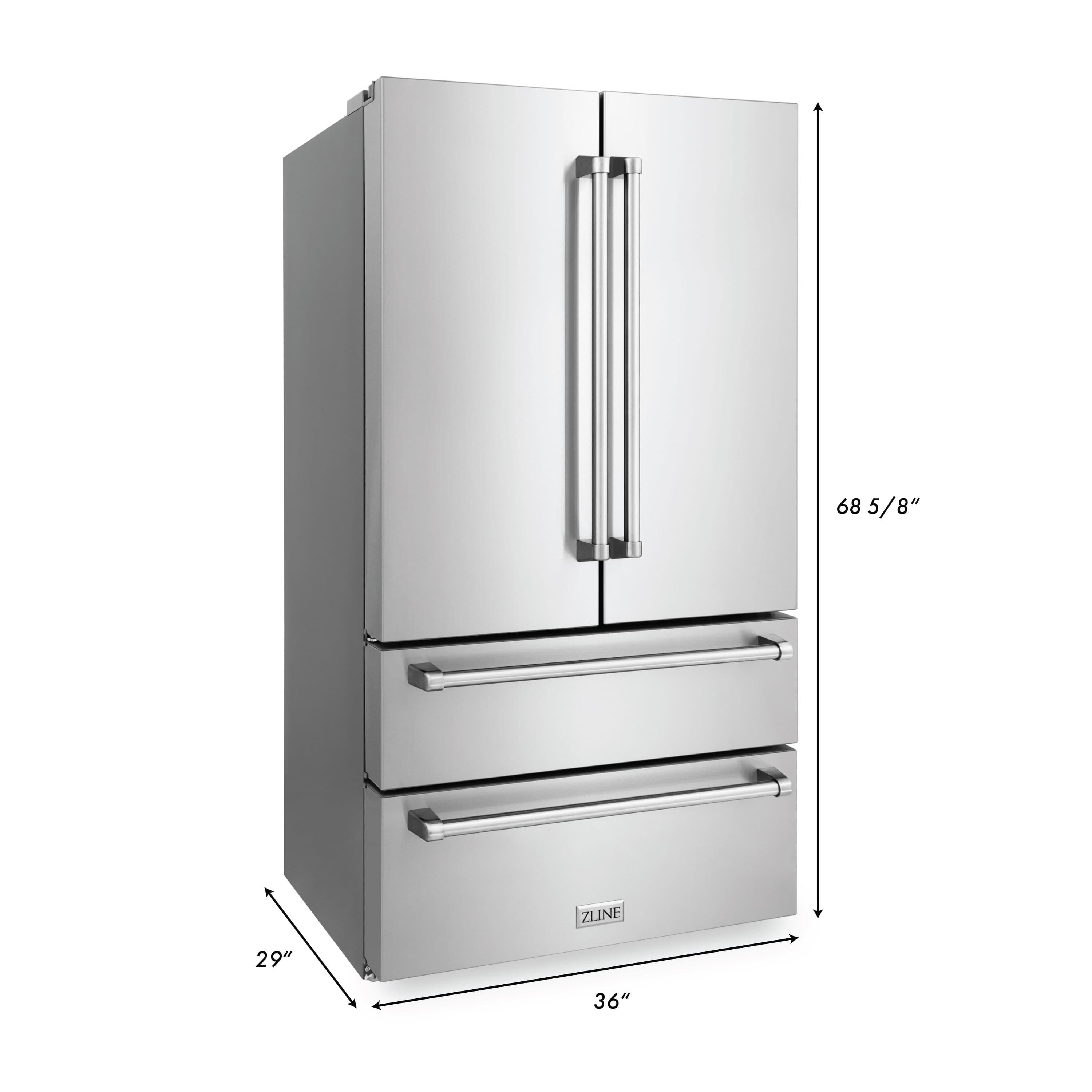 Stainless steel ZLINE two-door refrigerator with central water dispenser