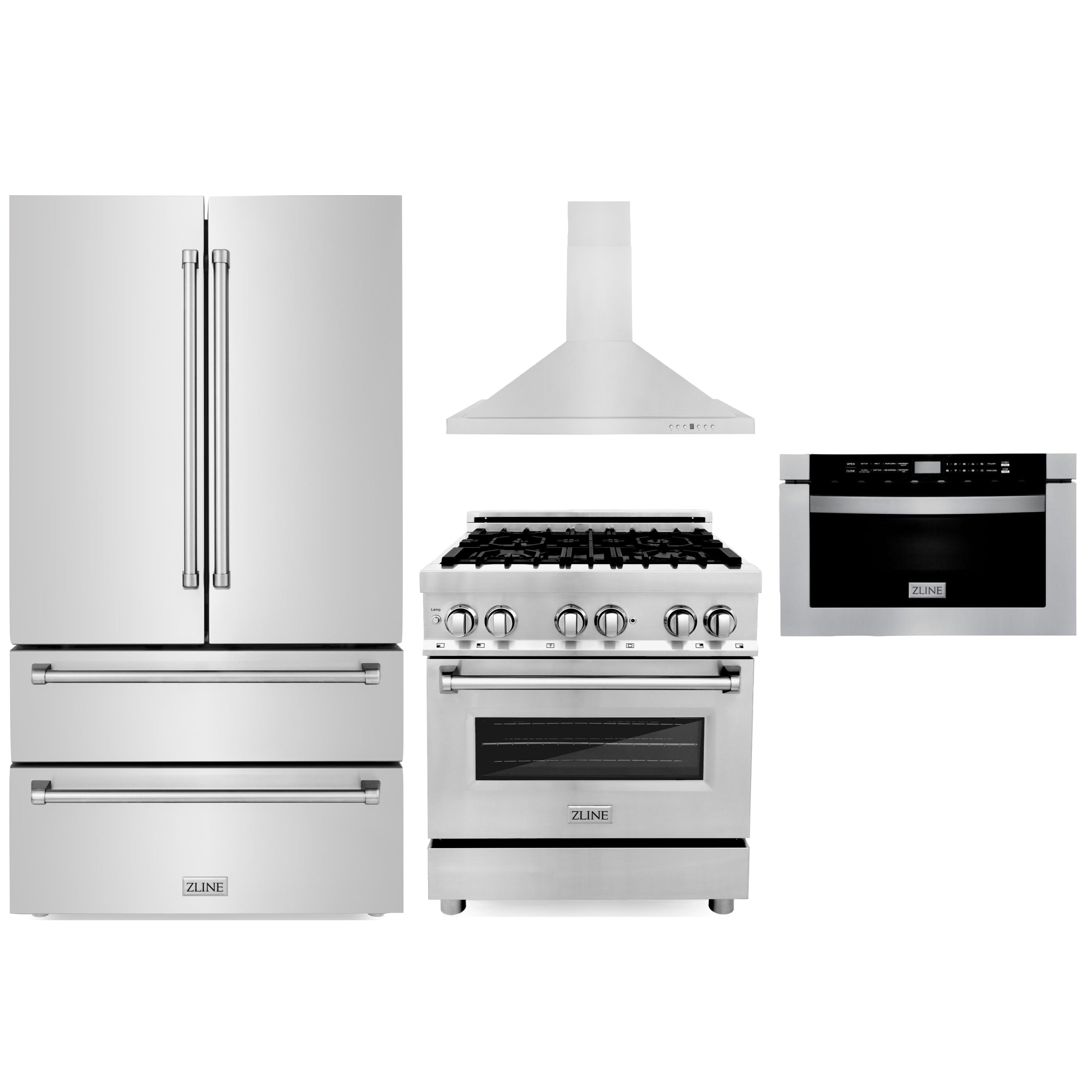 Stainless steel ZLINE appliance set: refrigerator, dual fuel range, microwave/oven