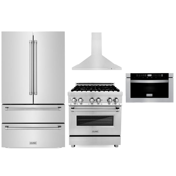 ZLINE 4-Piece Appliance Package - 30" Dual Fuel Range, 36" Refrigerator, Convertible Wall Mount Hood, and Microwave Drawer in Stainless Steel Appliance Package ZLINE 