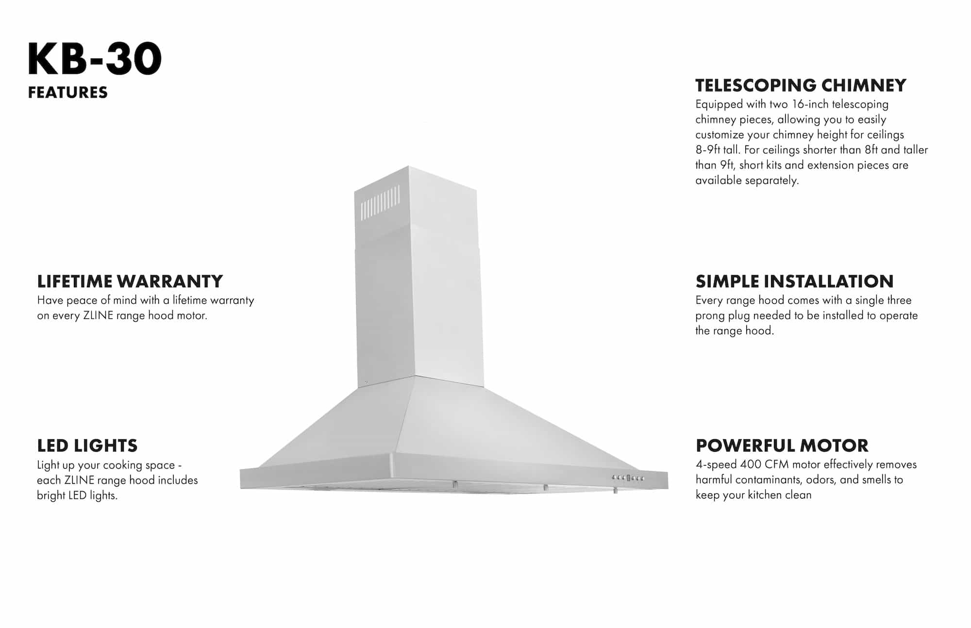 White telescoping range hood with chimney shape and vent flue