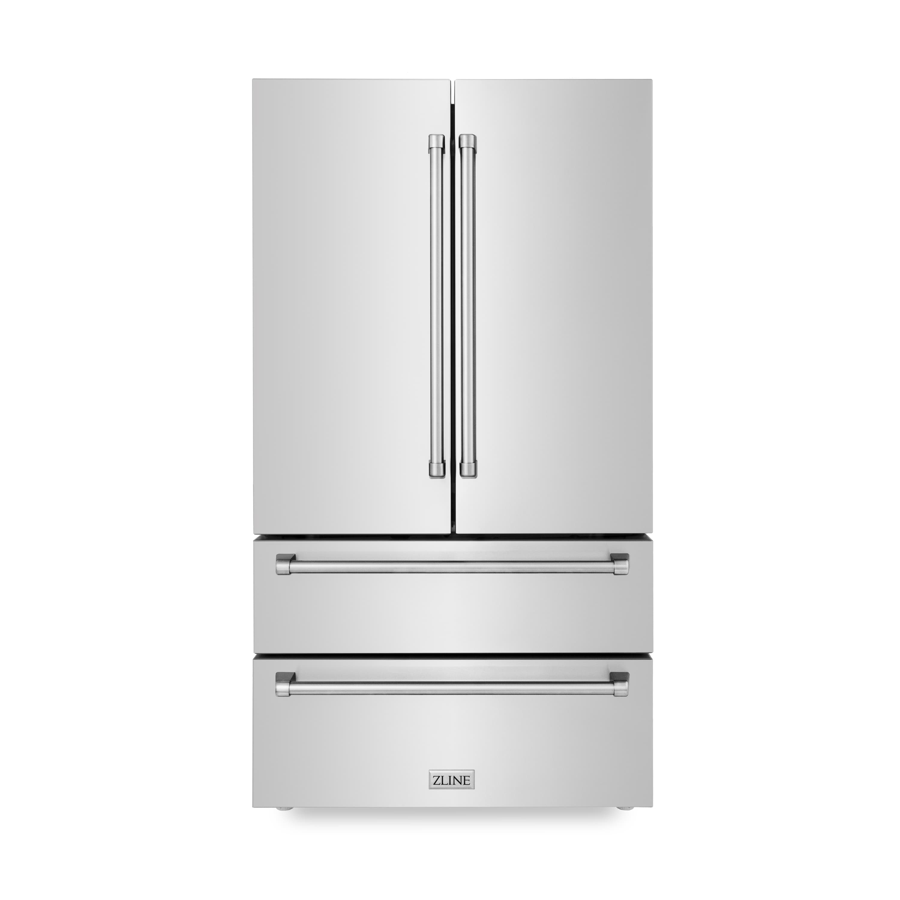 Stainless two-door refrigerator front view with double center handles