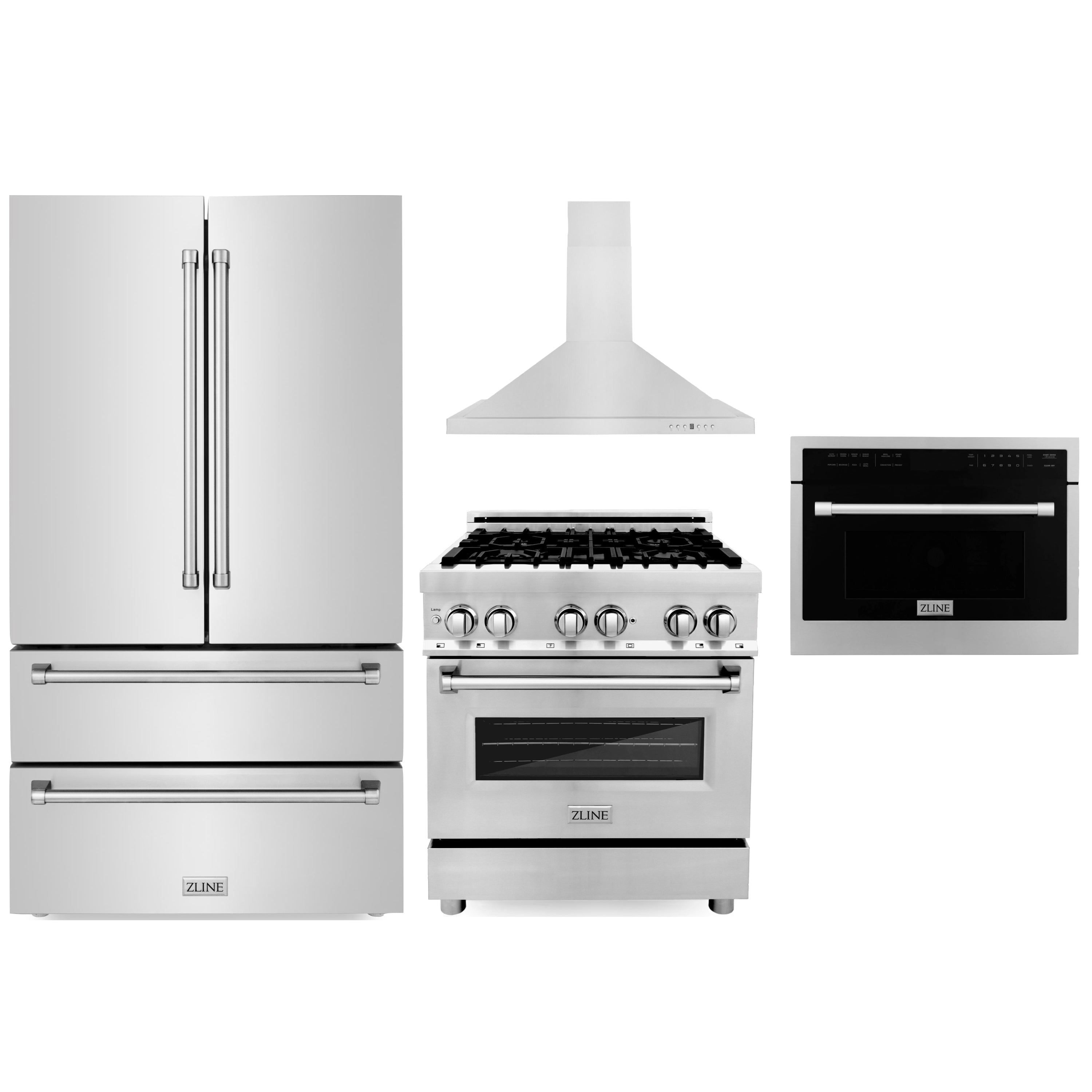 Stainless refrigerator, range, cooktop, and wall oven shown together as a set