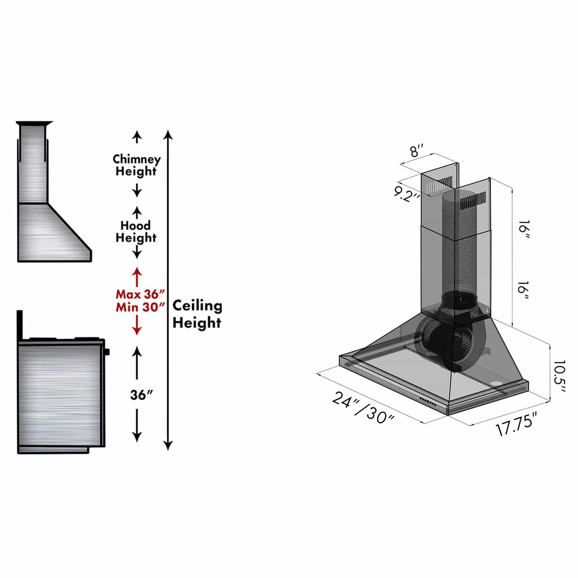 Range hood installation diagram with chimney height and clearance measurements