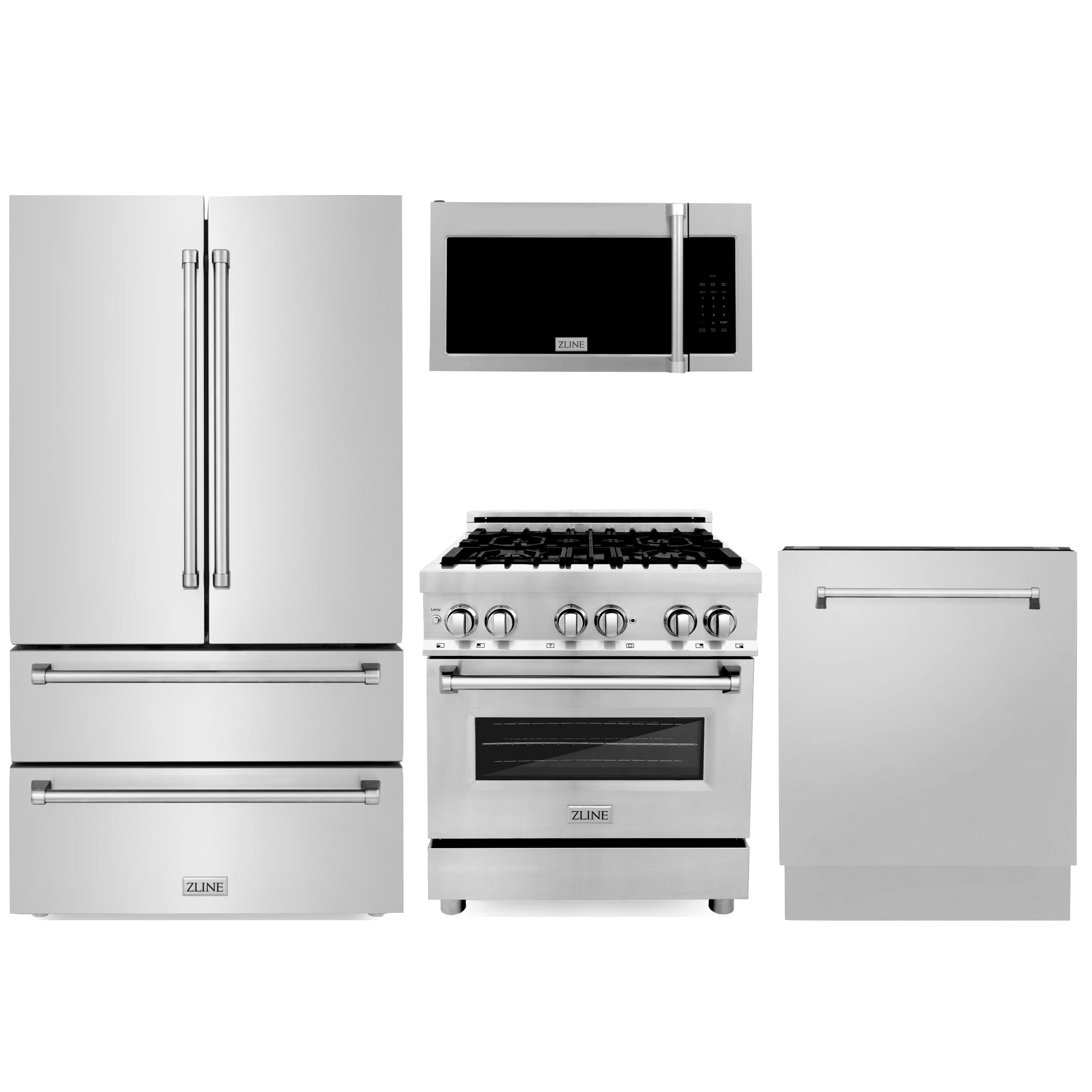 Stainless steel range with microwave, plus refrigerator and dishwasher doors