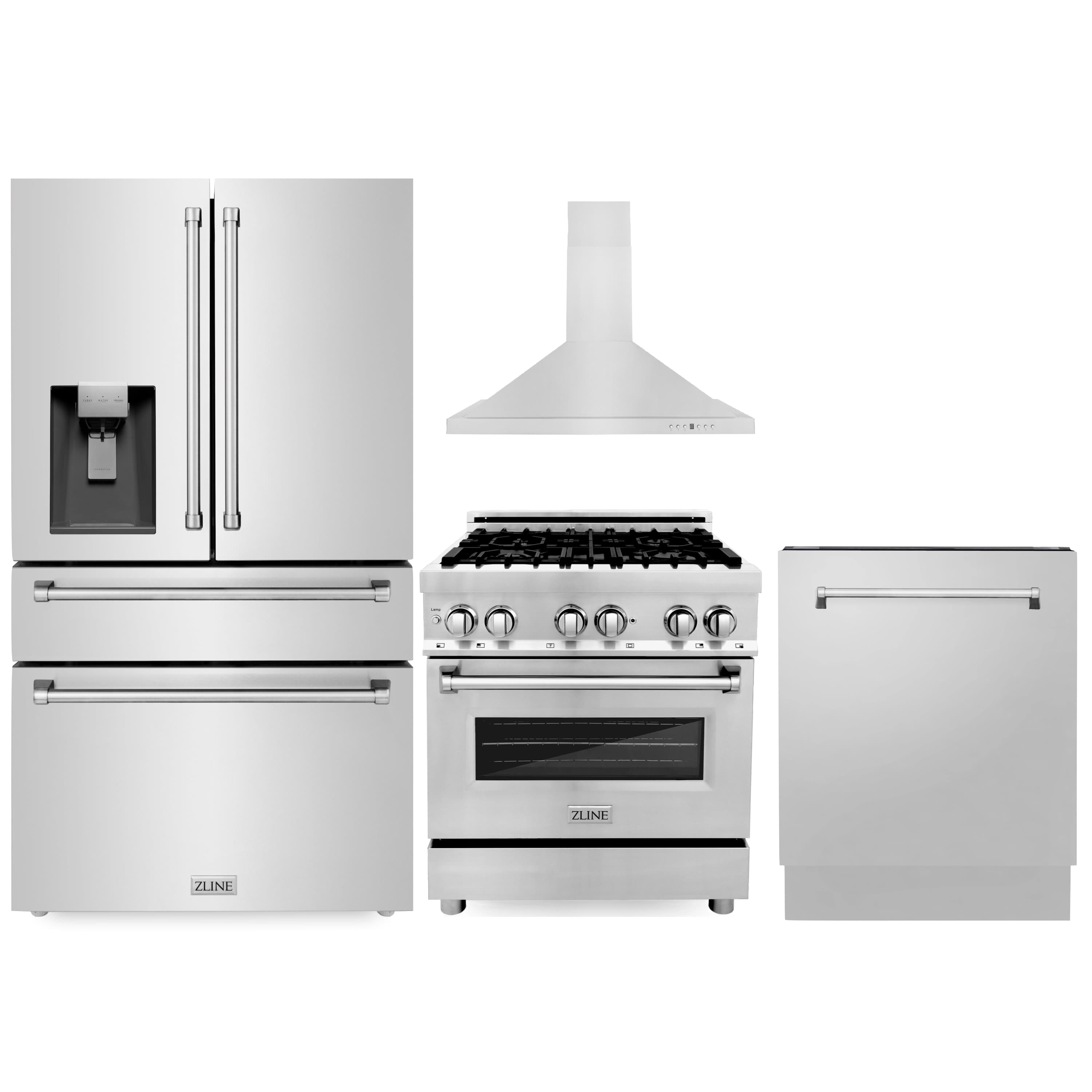 Stainless appliance package set: refrigerator, range, hood, dishwasher, and freezer