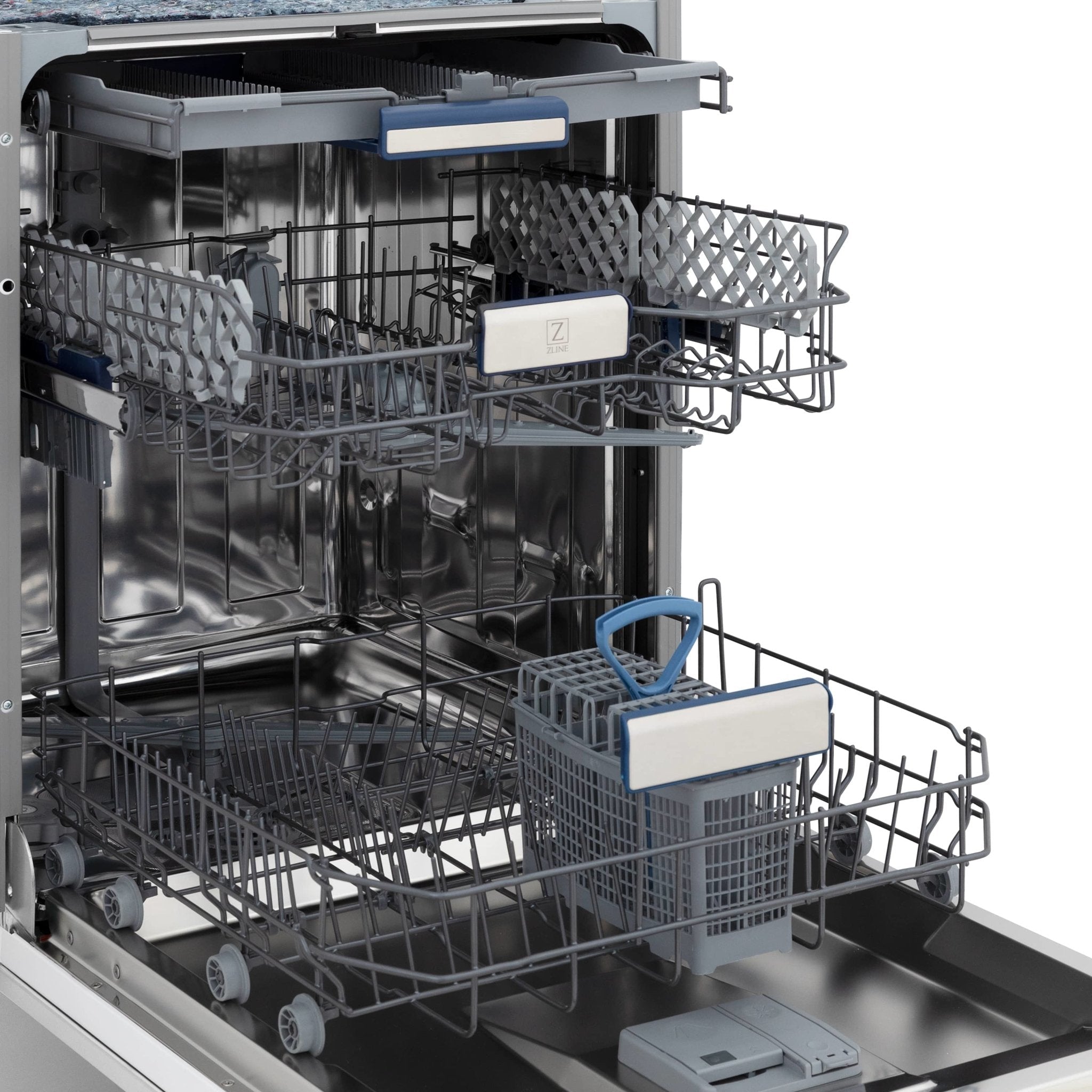Dishwasher interior with multiple racks and blue-labeled tabs