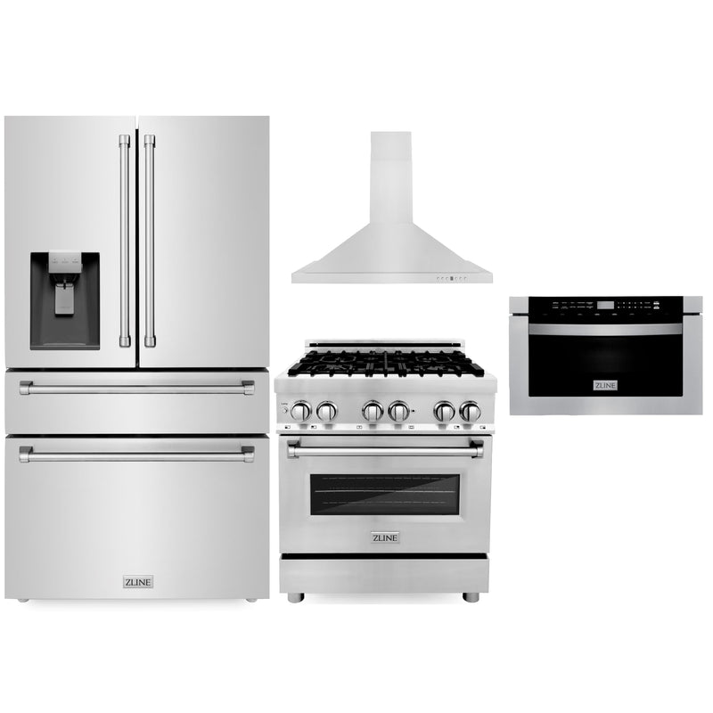 ZLINE 4-Piece Appliance Package - 30" Dual Fuel Range, 36" Refrigerator with Water Dispenser, Convertible Wall Mount Hood, and Microwave Drawer in Stainless Steel Appliance Package ZLINE 