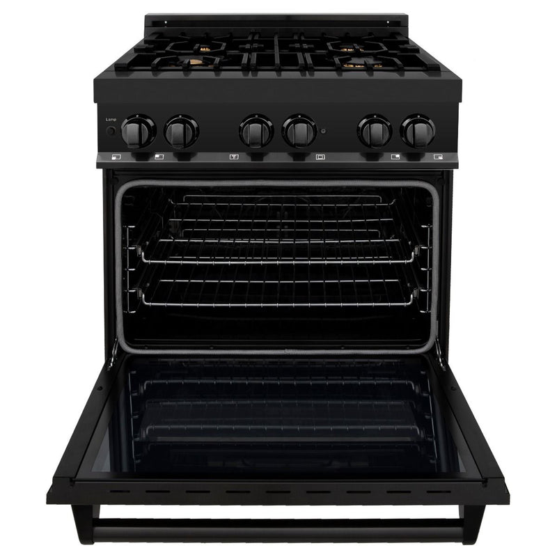 ZLINE 4-Piece Appliance Package - 30" Dual Fuel Range with Brass Burners, 36" Refrigerator, Convertible Wall Mount Hood, and 3-Rack Dishwasher in Black Stainless Steel Appliance Package ZLINE 