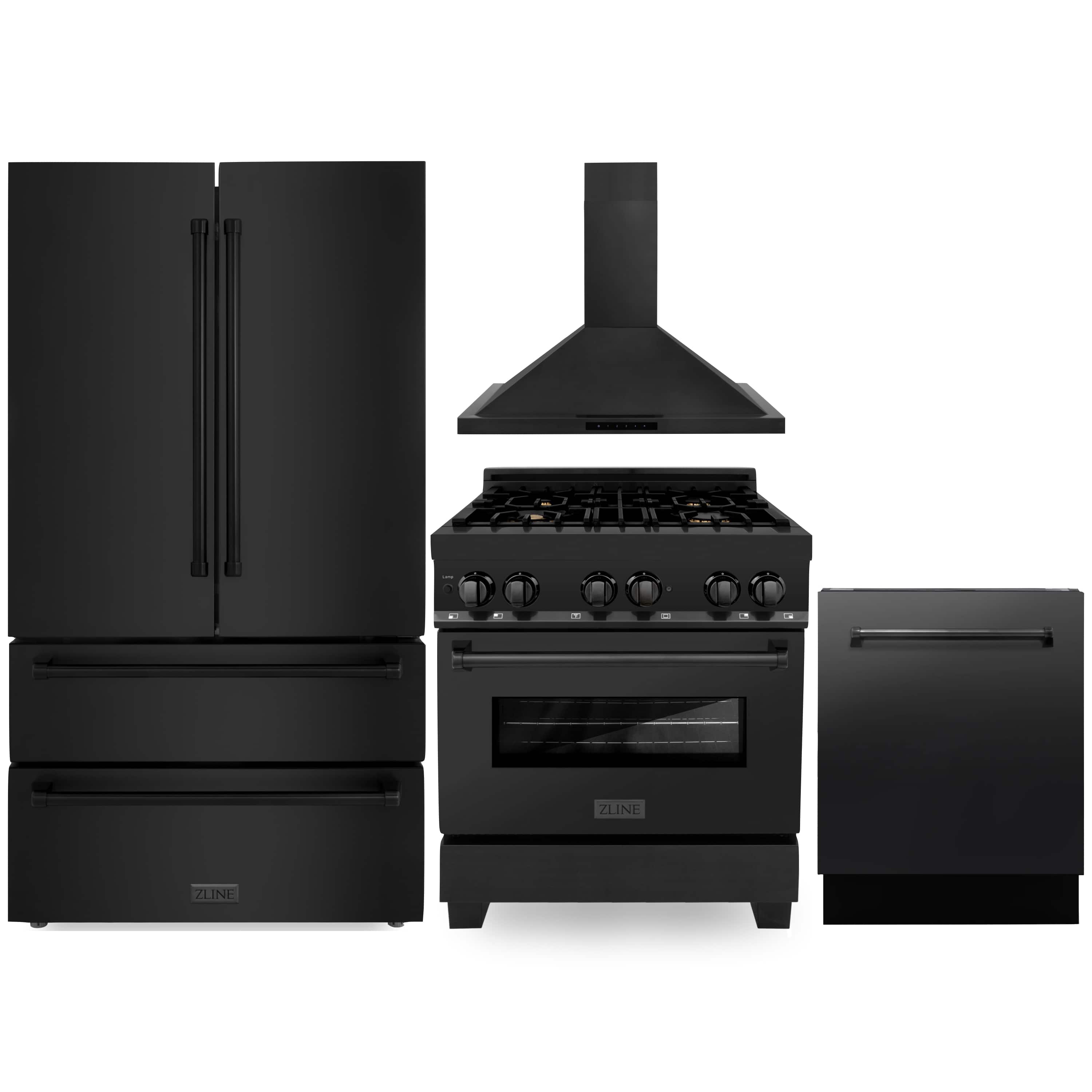 Black refrigerator, dual-fuel range, and dishwasher side-by-side