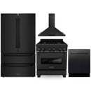ZLINE 4-Piece Appliance Package - 30" Dual Fuel Range with Brass Burners, 36" Refrigerator, Convertible Wall Mount Hood, and 3-Rack Dishwasher in Black Stainless Steel Appliance Package ZLINE 