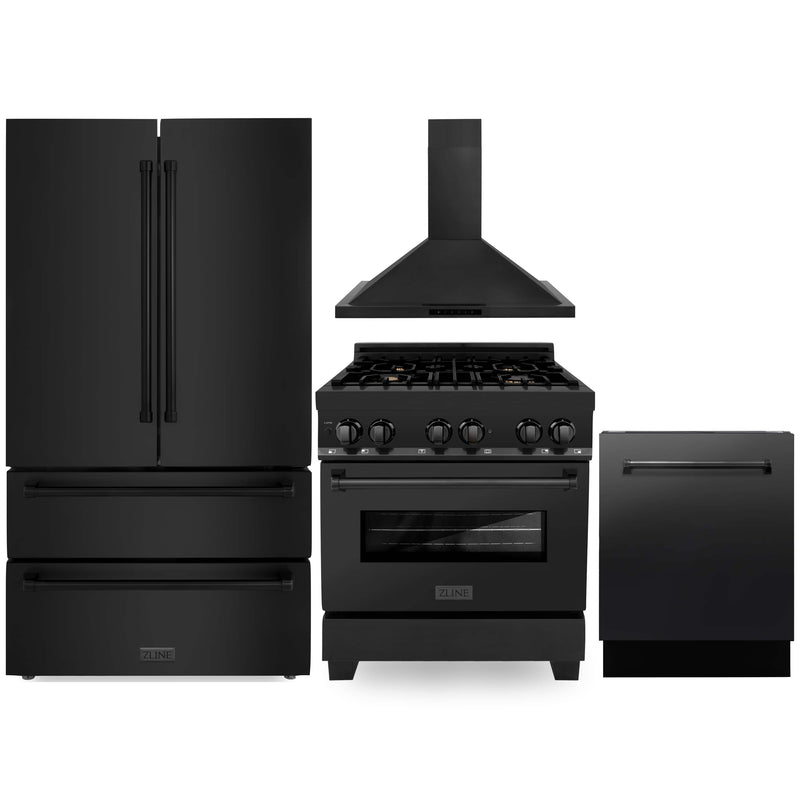 ZLINE 4-Piece Appliance Package - 30" Dual Fuel Range with Brass Burners, 36" Refrigerator, Convertible Wall Mount Hood, and 3-Rack Dishwasher in Black Stainless Steel Appliance Package ZLINE 