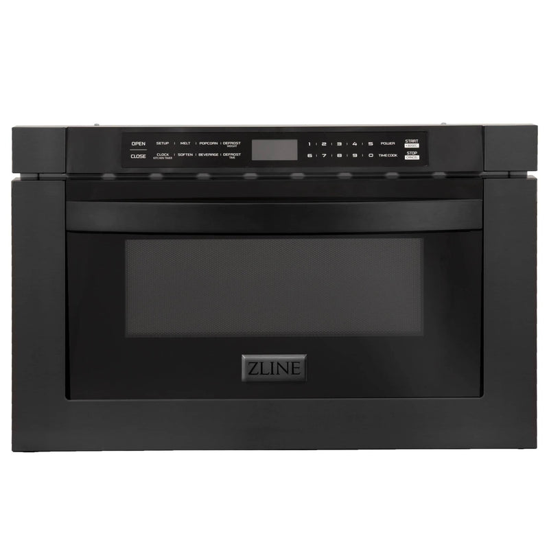 ZLINE 4-Piece Appliance Package - 30" Dual Fuel Range with Brass Burners, 36" Refrigerator, Convertible Wall Mount Hood, and Microwave Drawer in Black Stainless Steel (4KPR-RABRH30-MW) Appliance Package ZLINE 