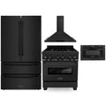 ZLINE 4-Piece Appliance Package - 30-Inch Dual Fuel Range with Brass Burners, Refrigerator, Convertible Wall Mount Hood, and Microwave Drawer in Black Stainless Steel (4KPR-RABRH30-MW)
