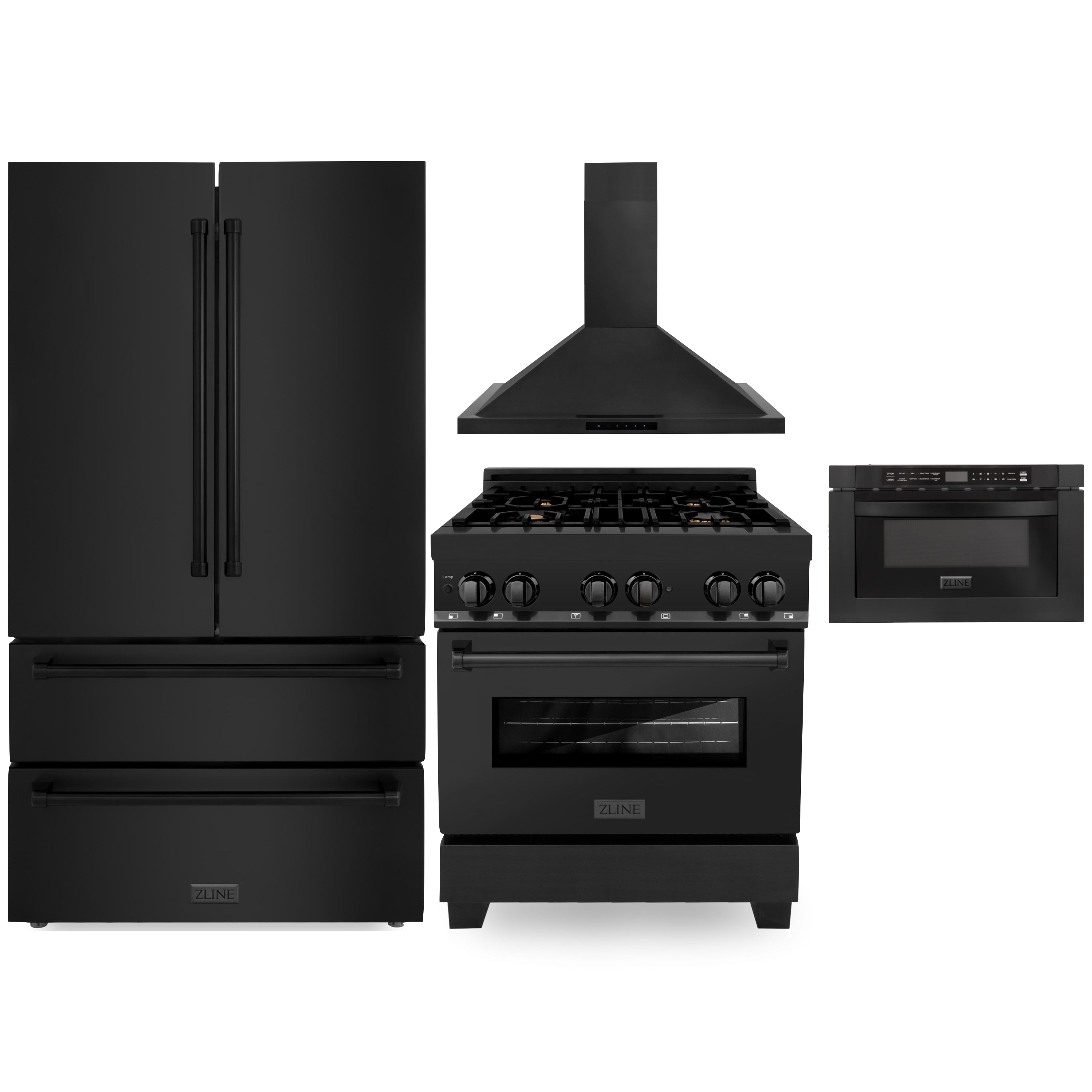 Black refrigerator, gas range, oven, and wall chimney range hood set