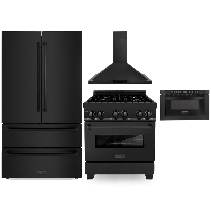 ZLINE 4-Piece Appliance Package - 30" Dual Fuel Range with Brass Burners, 36" Refrigerator, Convertible Wall Mount Hood, and Microwave Drawer in Black Stainless Steel (4KPR-RABRH30-MW) Appliance Package ZLINE 