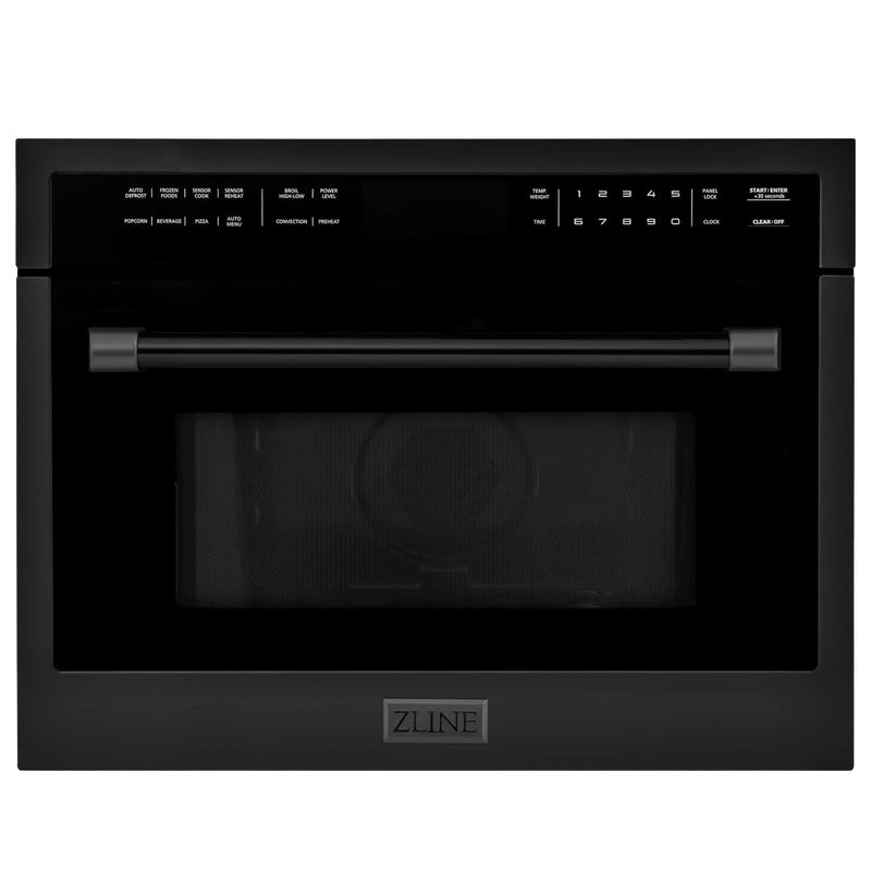 ZLINE 4-Piece Appliance Package - 30" Dual Fuel Range with Brass Burners, 36" Refrigerator, Convertible Wall Mount Hood, and Microwave Oven in Black Stainless Steel Appliance Package ZLINE 