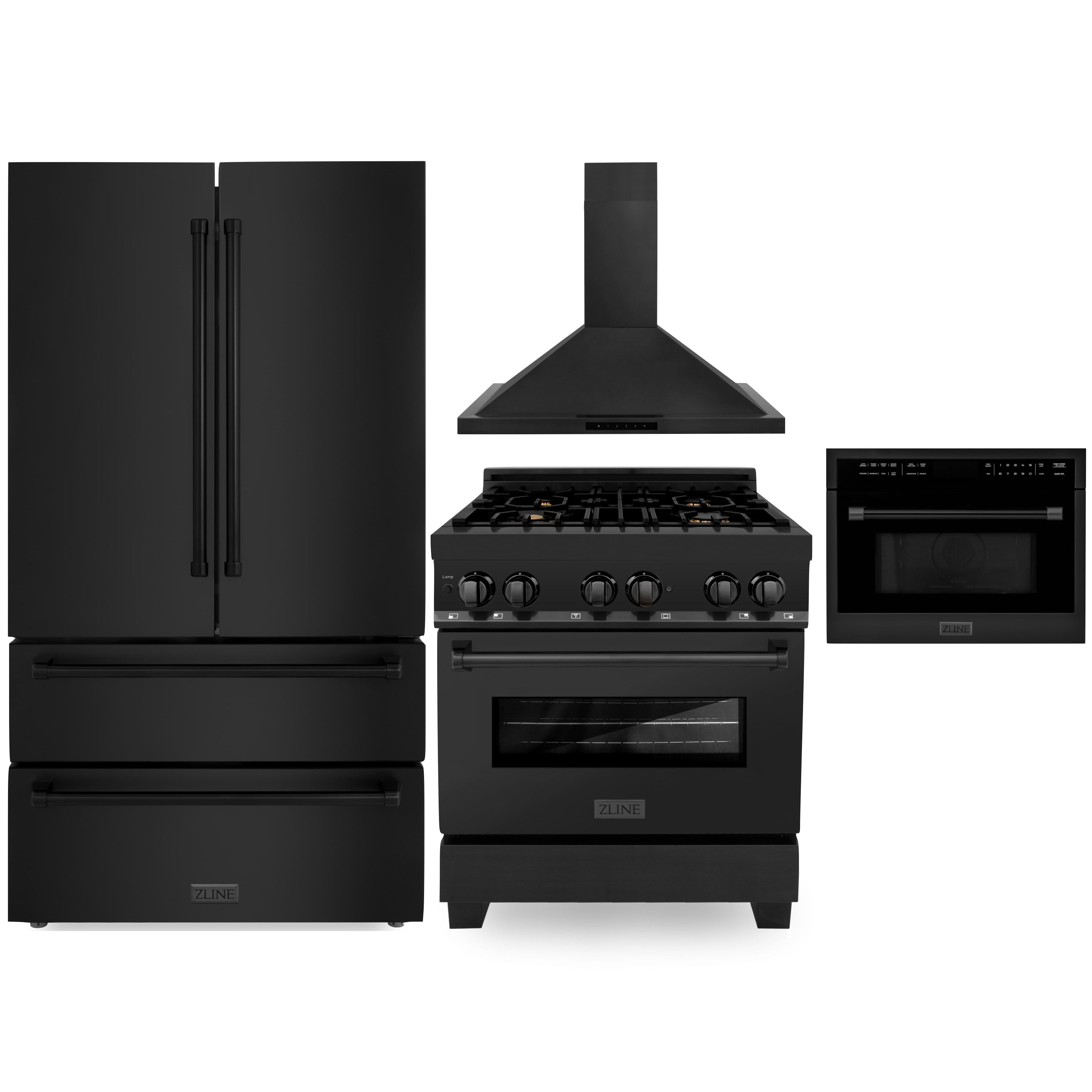 4-piece black kitchen appliance set with refrigerator, dual fuel range, hood, and oven