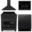 ZLINE 4-Piece Appliance Package - 30" Dual Fuel Range with Brass Burners, Convertible Wall Mount Hood, Microwave Oven, and 3-Rack Dishwasher in Black Stainless Steel Appliance Package ZLINE 