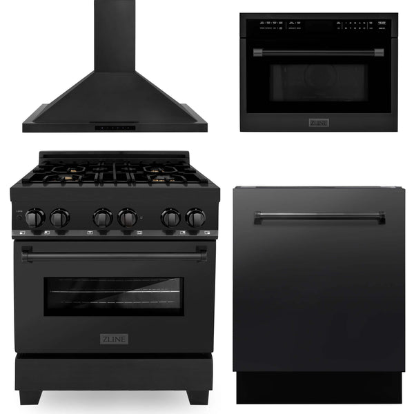 ZLINE 4-Piece Appliance Package - 30" Dual Fuel Range with Brass Burners, Convertible Wall Mount Hood, Microwave Oven, and 3-Rack Dishwasher in Black Stainless Steel Appliance Package ZLINE 