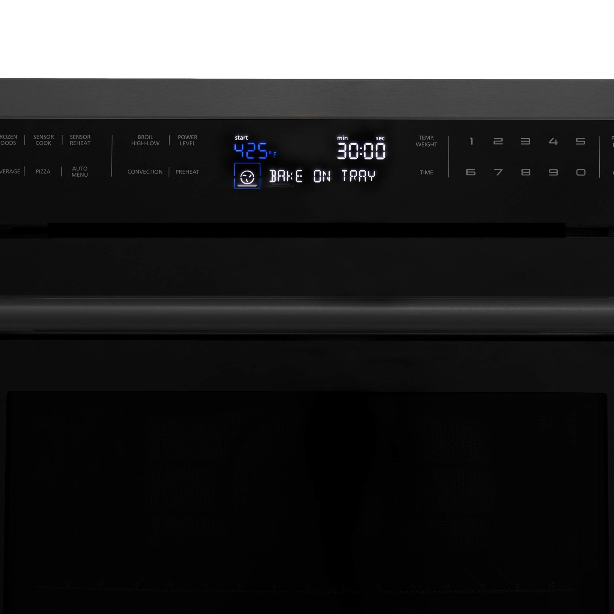 Black dual fuel range control panel with digital clock and “BAKE ON” display