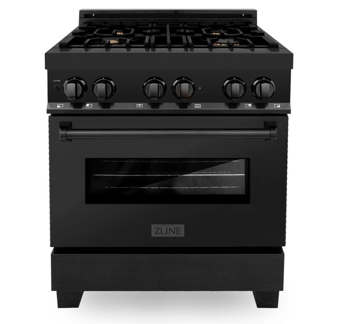 ZLINE black dual fuel range with five burners, oven door window, and knobs
