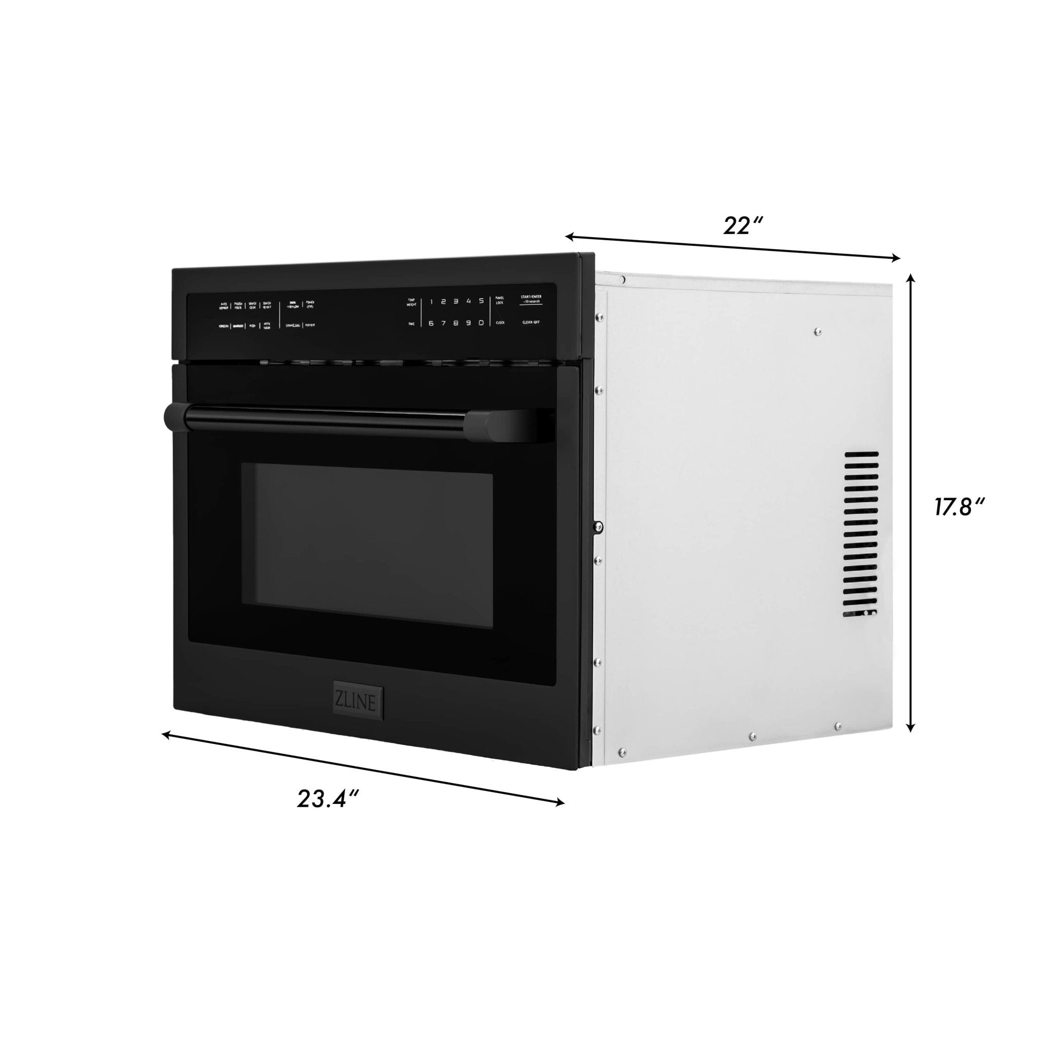 Built-in microwave unit with black door and stainless sides; dimension diagram