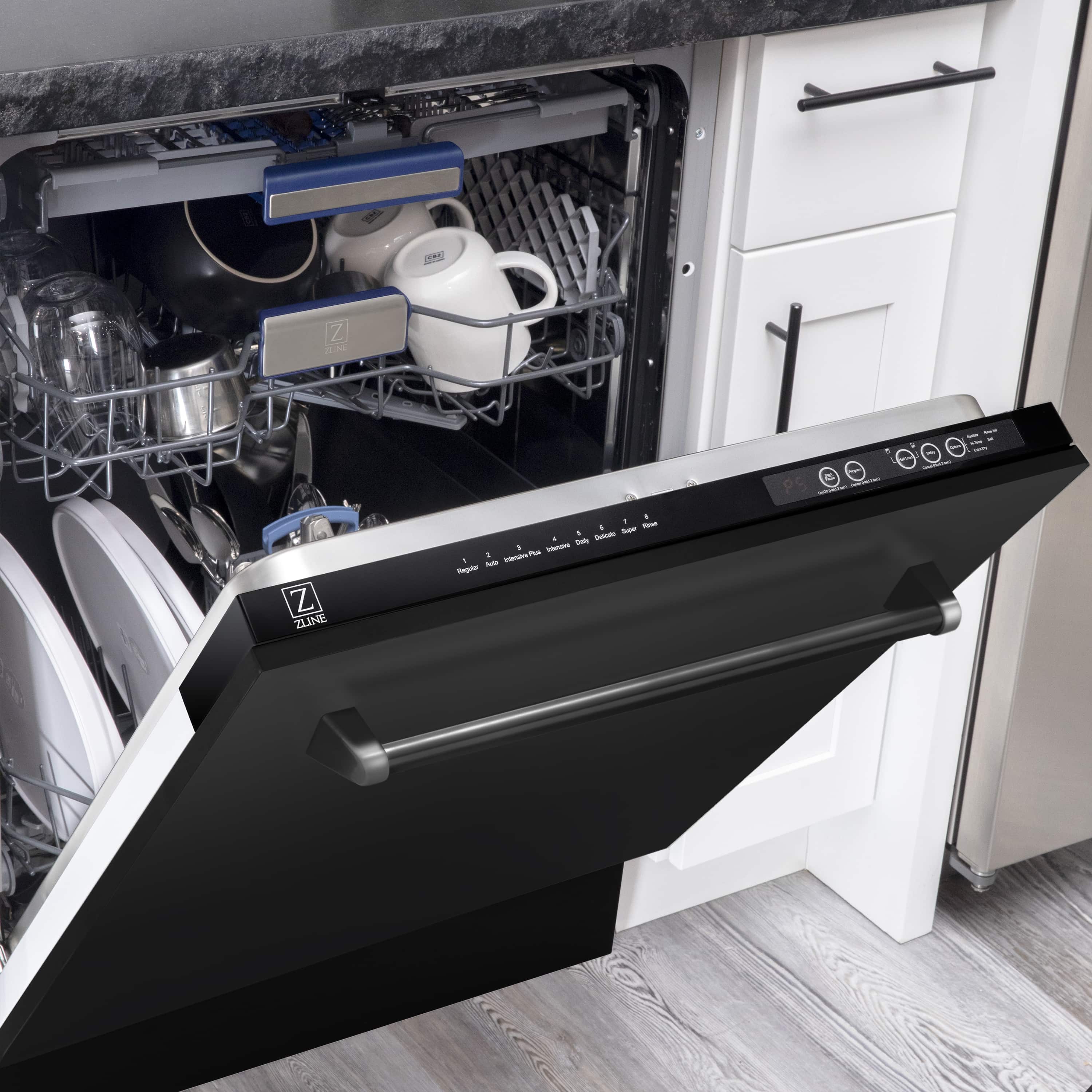 Built-in dishwasher with open door showing wash tub and front control display