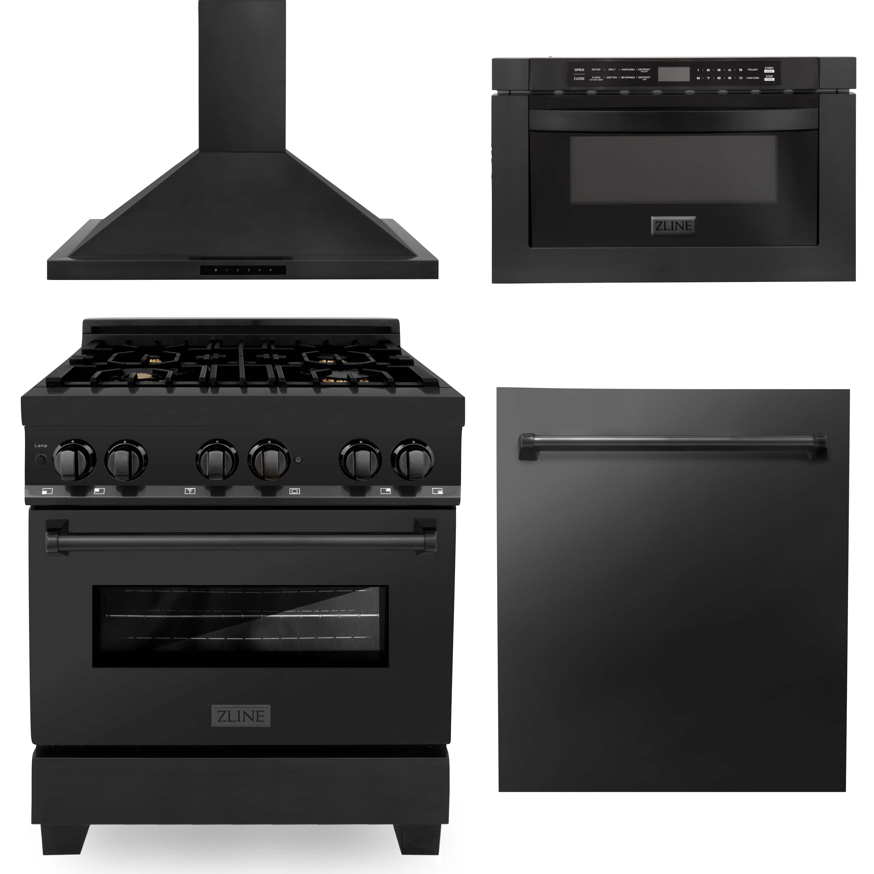 Assorted black kitchen appliances: chimney hood, dual fuel range, and built-in unit