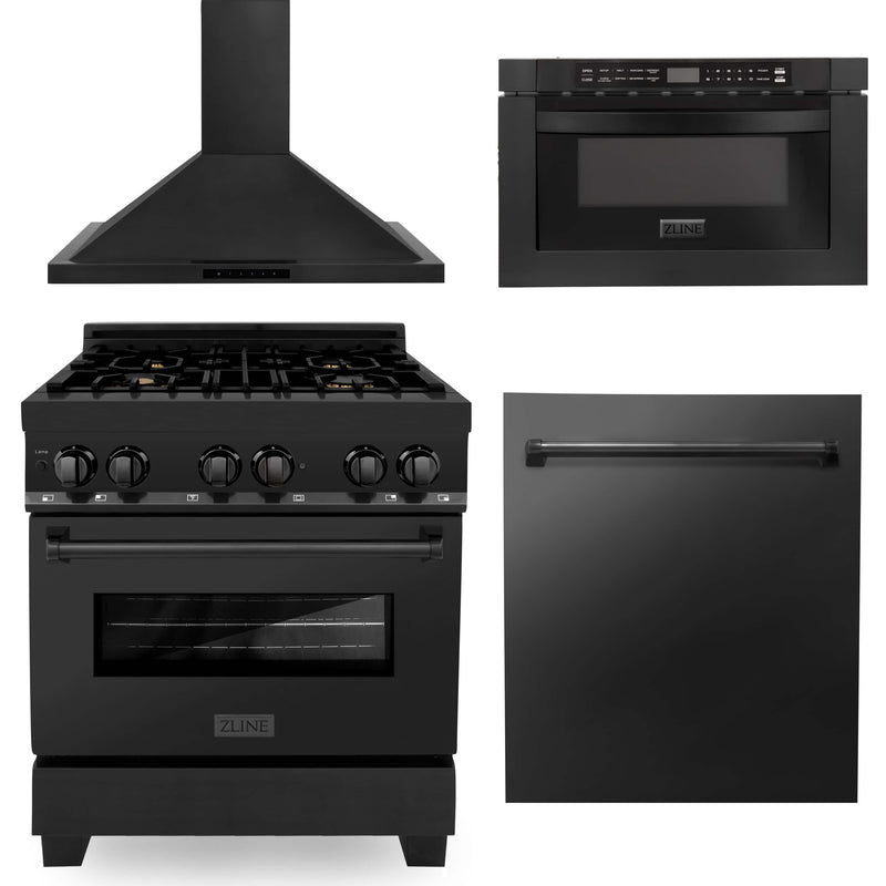 ZLINE 4-Piece Appliance Package - 30" Dual Fuel Range with Brass Burners, Microwave Drawer, Dishwasher & Convertible Wall Mount Range Hood in Black Stainless Steel (4KP-RABRH30-MWDW) Appliance Package ZLINE 