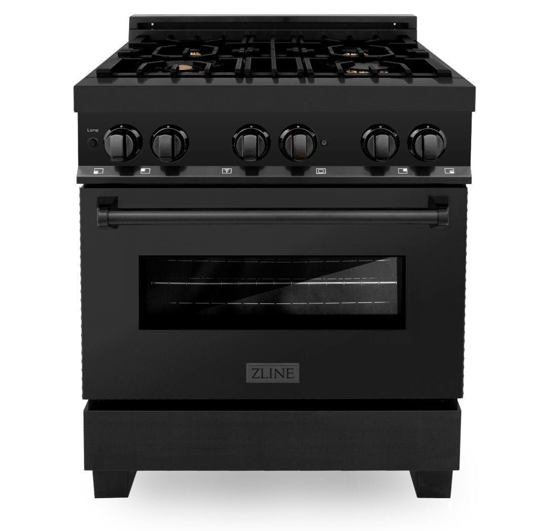 Black ZLINE dual fuel range with six gas burners and oven door