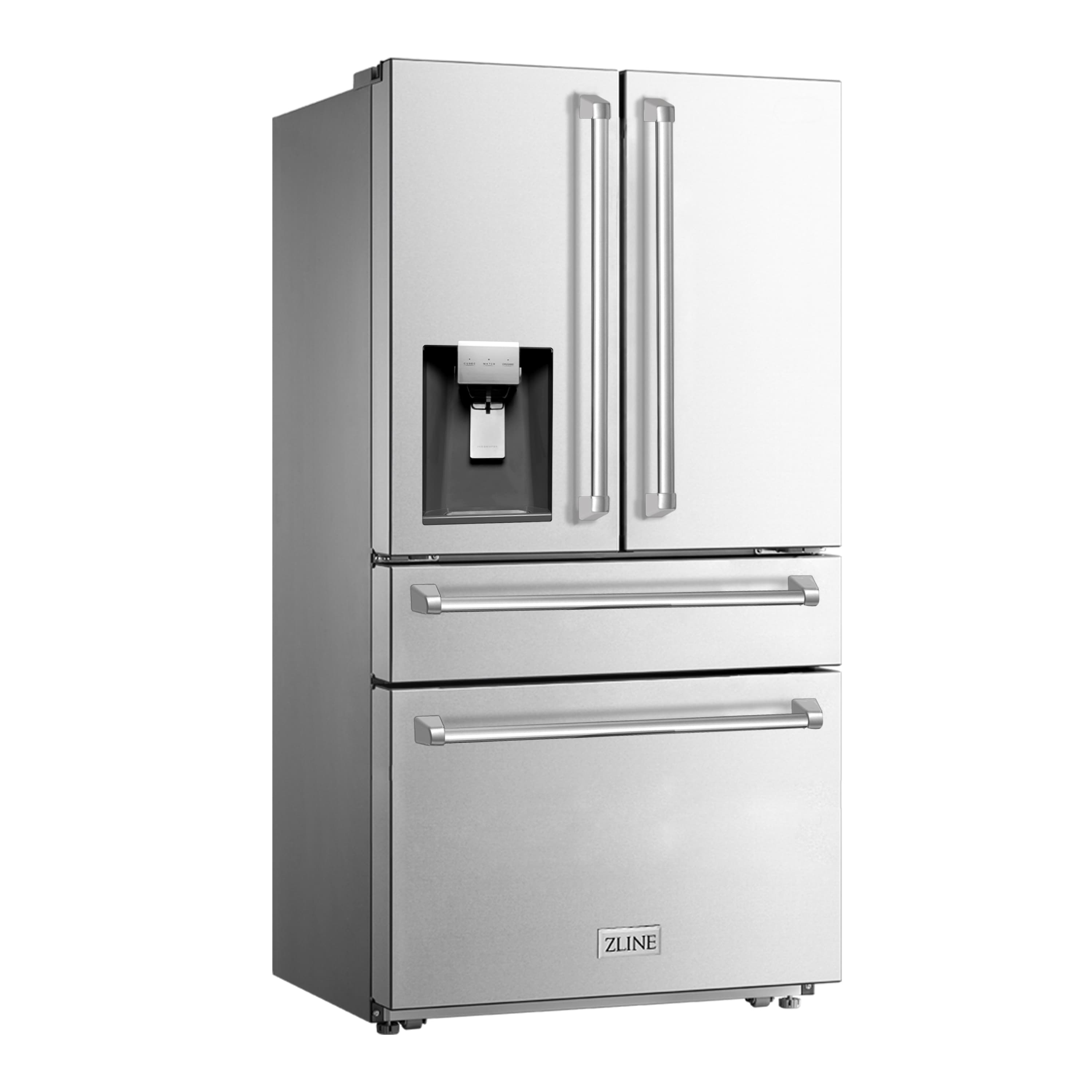 ZLINE refrigerator with stainless steel doors, water dispenser, and two drawers