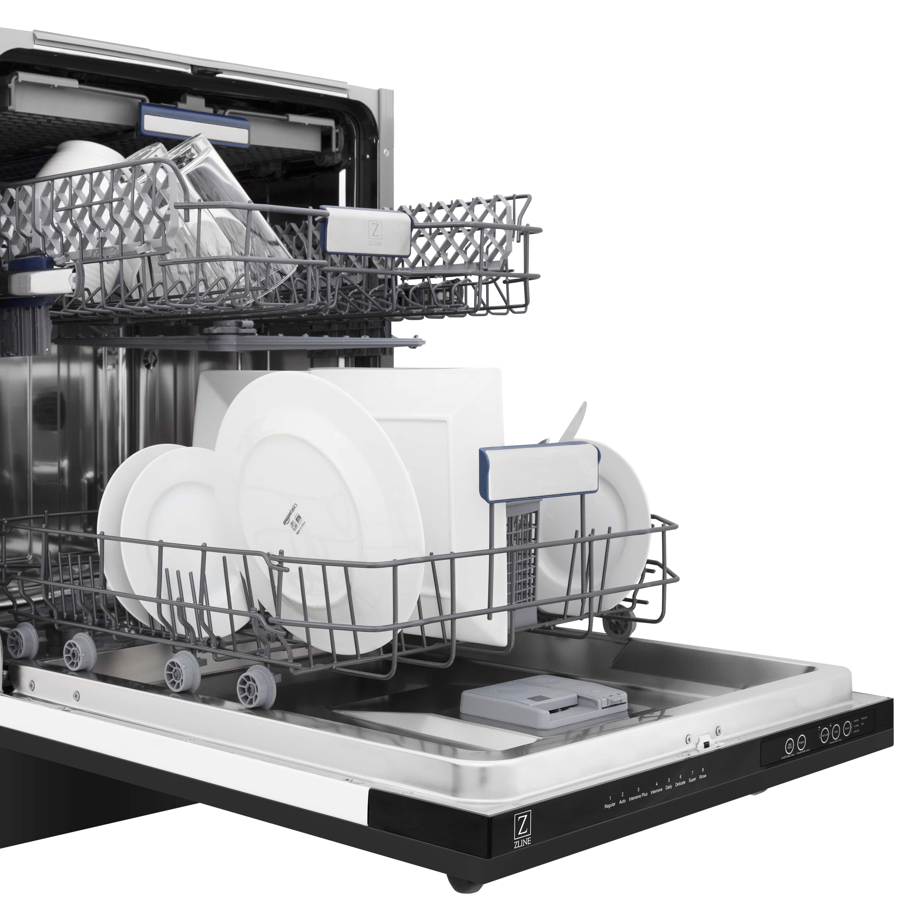 Built-in dishwasher with racks loaded, showing stainless interior and control panel