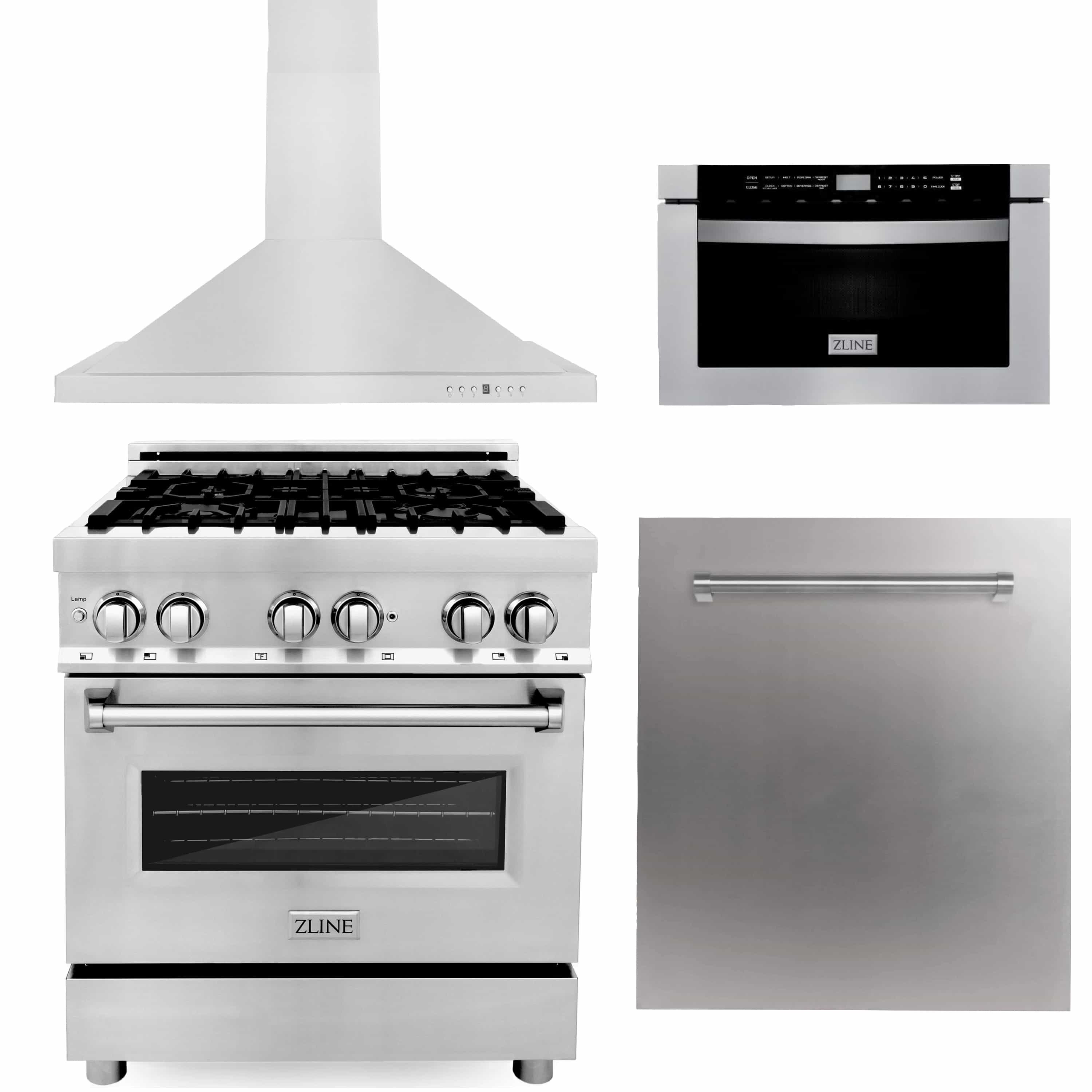 ZLINE 4-Piece Appliance Package - 30-inch Dual Fuel Range, Stainless Steel Dishwasher, Microwave Drawer & Premium Hood (4KP-RARH30-MWDW)