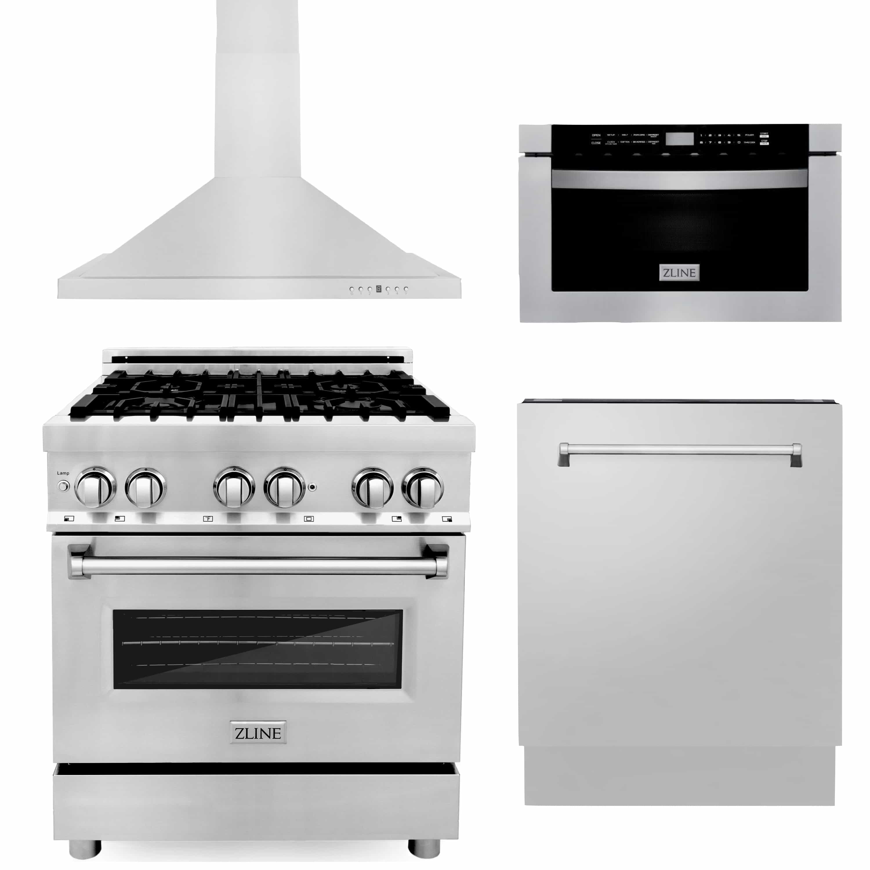 ZLINE 4-piece kitchen appliance package showing range, hood, microwave drawer, and dishwasher