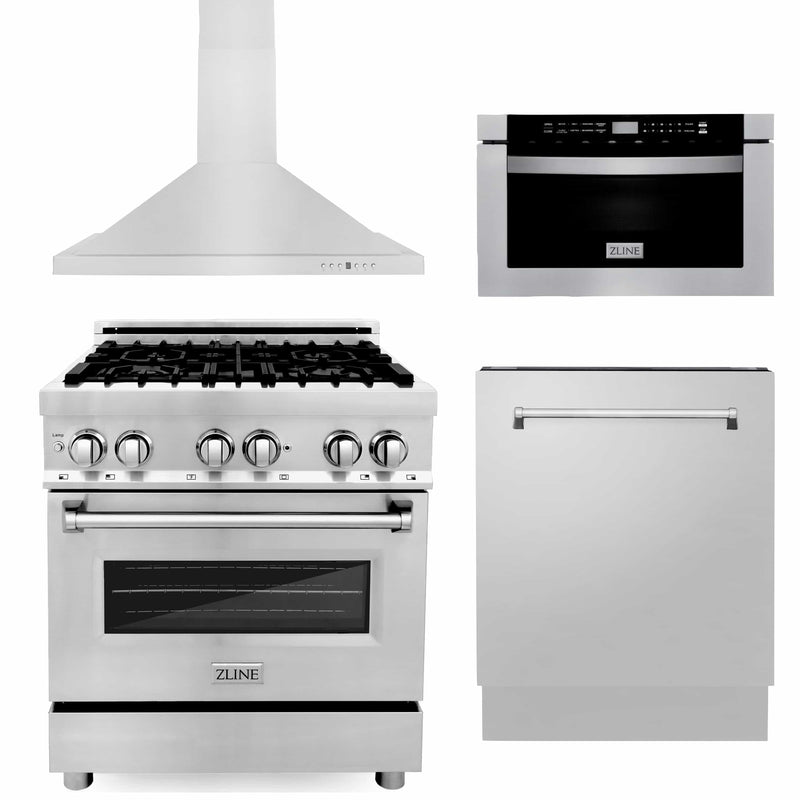 ZLINE 4-Piece Appliance Package - 30-inch Dual Fuel Range, Tall Tub Dishwasher, Microwave Drawer & Premium Hood (4KP-RARH30-MWDWV) Appliance Package ZLINE 