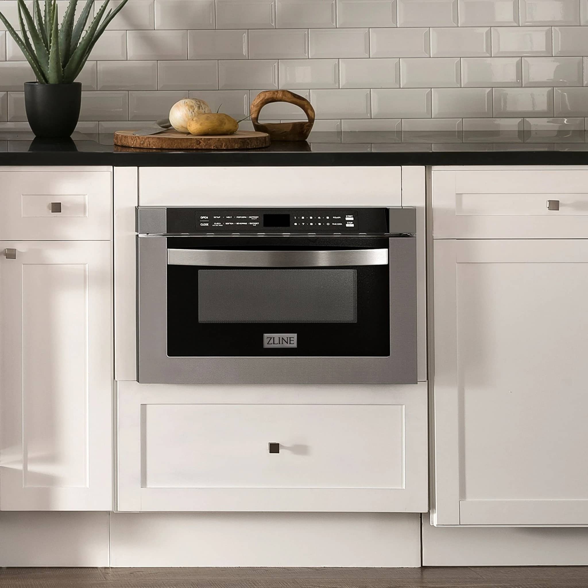 ZLINE built-in microwave drawer in stainless with black display window