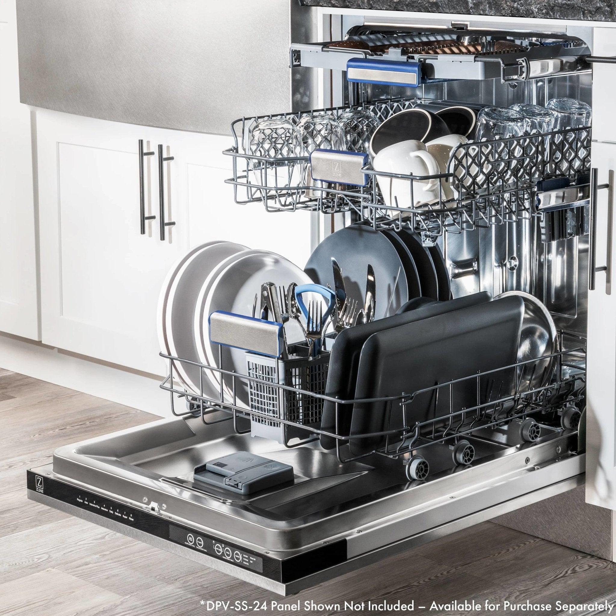Stainless tall tub dishwasher with racks loaded with plates and utensils