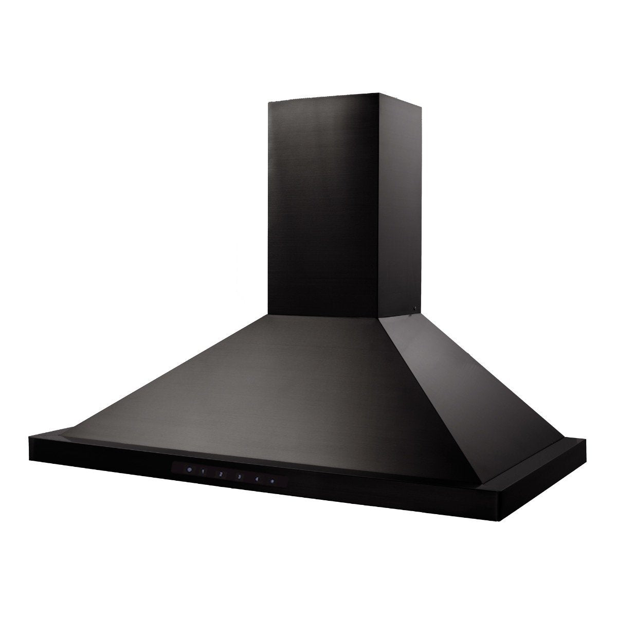 Black wall mount range hood with angled canopy and control strip