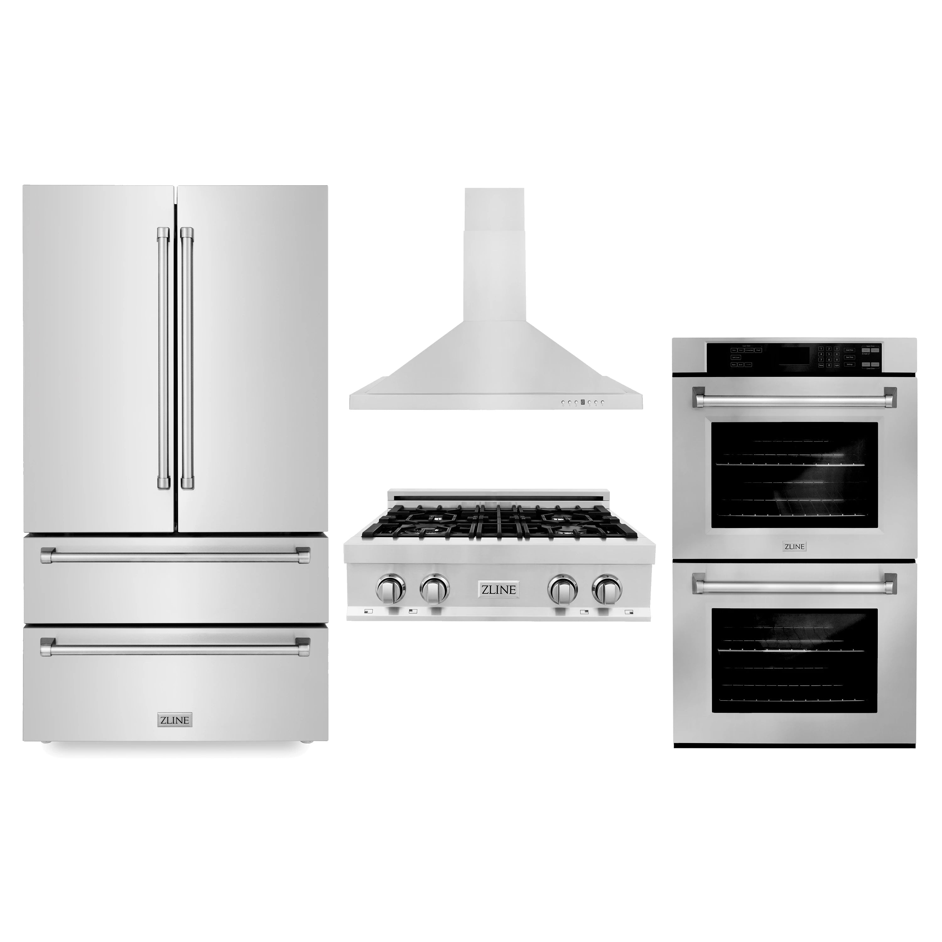 ZLINE stainless appliance set showing refrigerator, range hood, gas cooktop, and wall oven