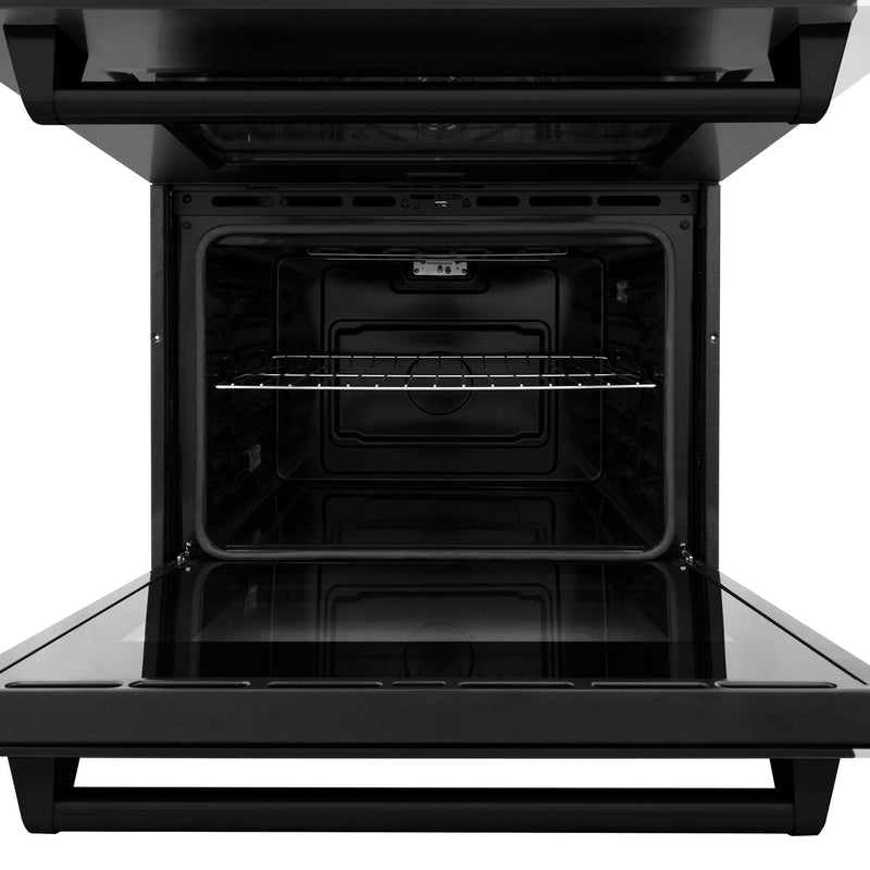 ZLINE 4-Piece Appliance Package - 30" Rangetop with Brass Burners, 36" Refrigerator, 30" Electric Double Wall Oven, and Convertible Wall Mount Hood in Black Stainless Steel (4KPR-RTBRH30-AWD) Appliance Package ZLINE 