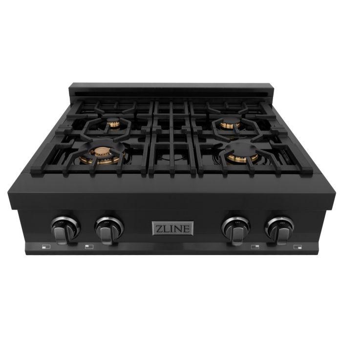 Black gas rangetop with five burners, grates, and four control knobs